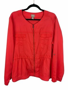 Chico’s Red Lyocell Utility Jacket Zip Front Lightweight Roll Tab Sleeve Size 3